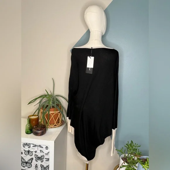 Daniela Drei Italian Merino Wool Asymmetric Sweater Black Cream Beaded Sz L NWT - Picture 5 of 11